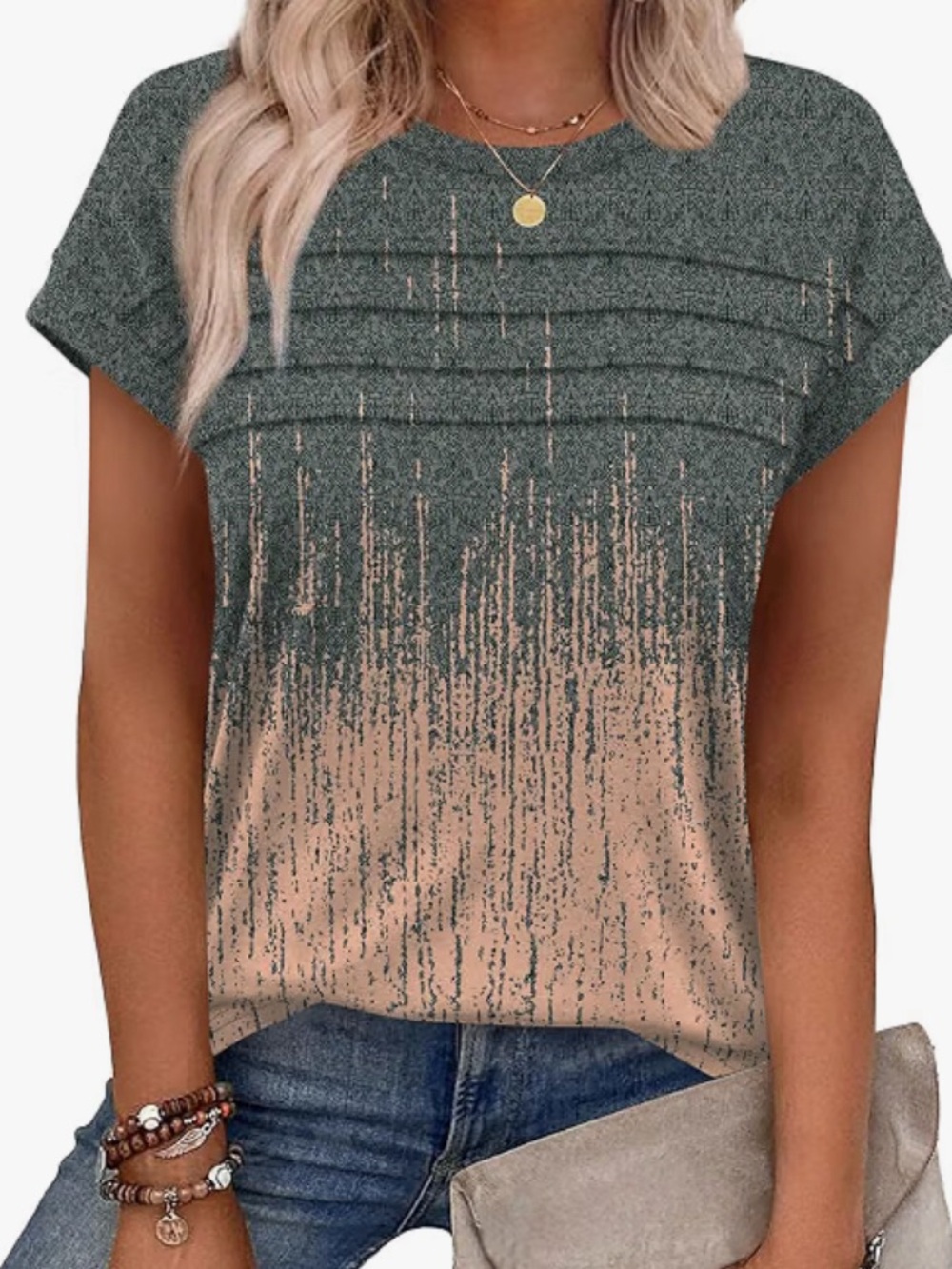 Women’s Ombre Short-Sleeve Top in Green and Beige